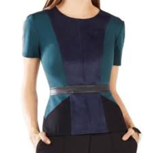 BCBGMaxAzria blue & black faux leather peplum top - Picture 2 of 6
